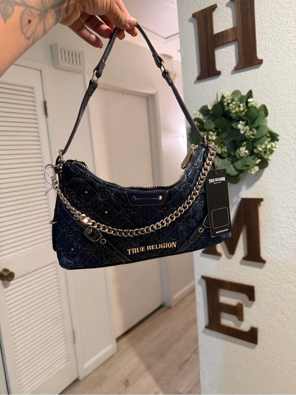 True Religion Navy Quilted Shoulder Bag with Chain